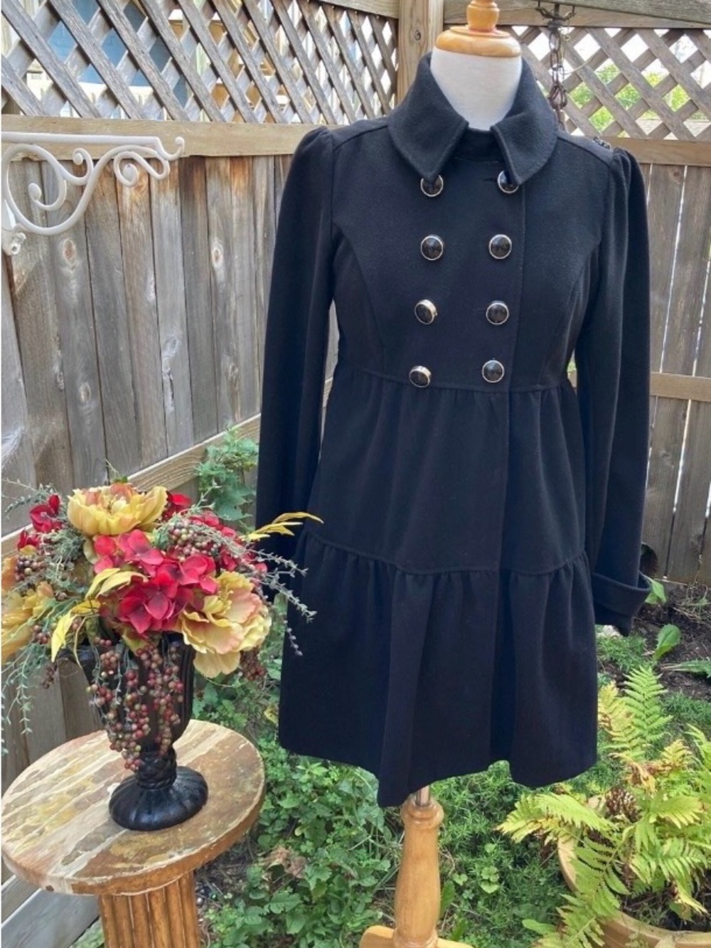 Candie's Black Double-Breasted Baby Doll Peacoat -Empire Waist Tiered Ruffle Hem
